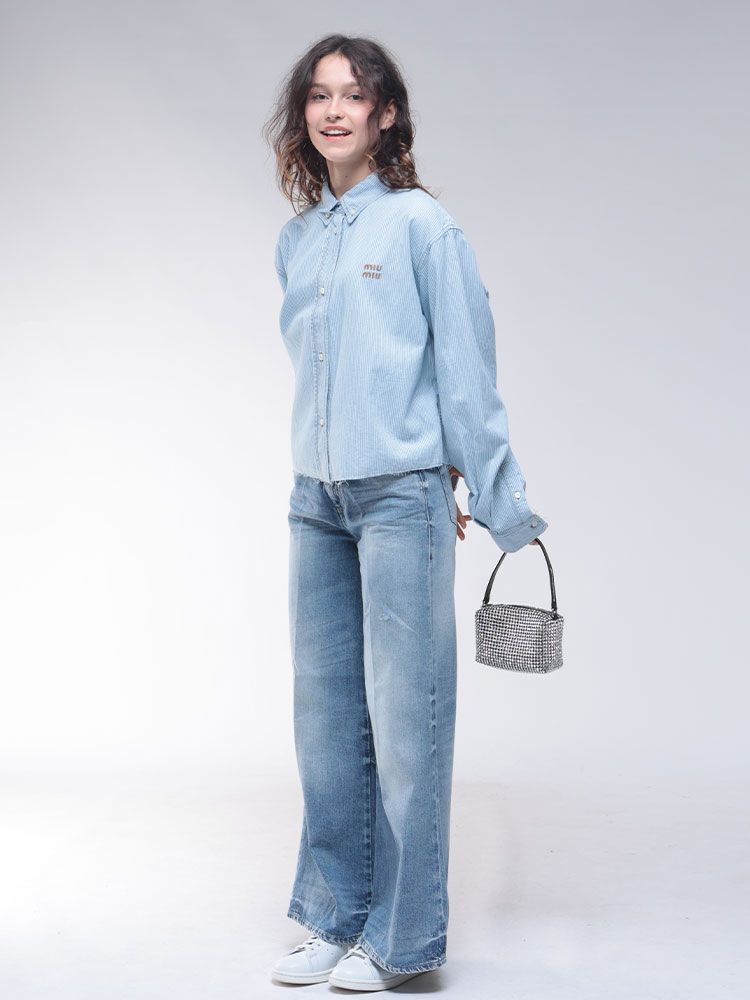 A9840/美品 春夏 miu miu ミュウミュウ ナイロン ストライプ MIU MIU (ミュウミュウ) ロゴ刺繍 ストライプ 長袖 クロップド