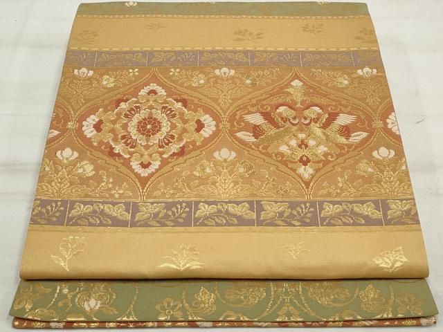 平和屋着物◎九寸開き名古屋帯 鴛鴦更紗花文 金糸 正絹 逸品