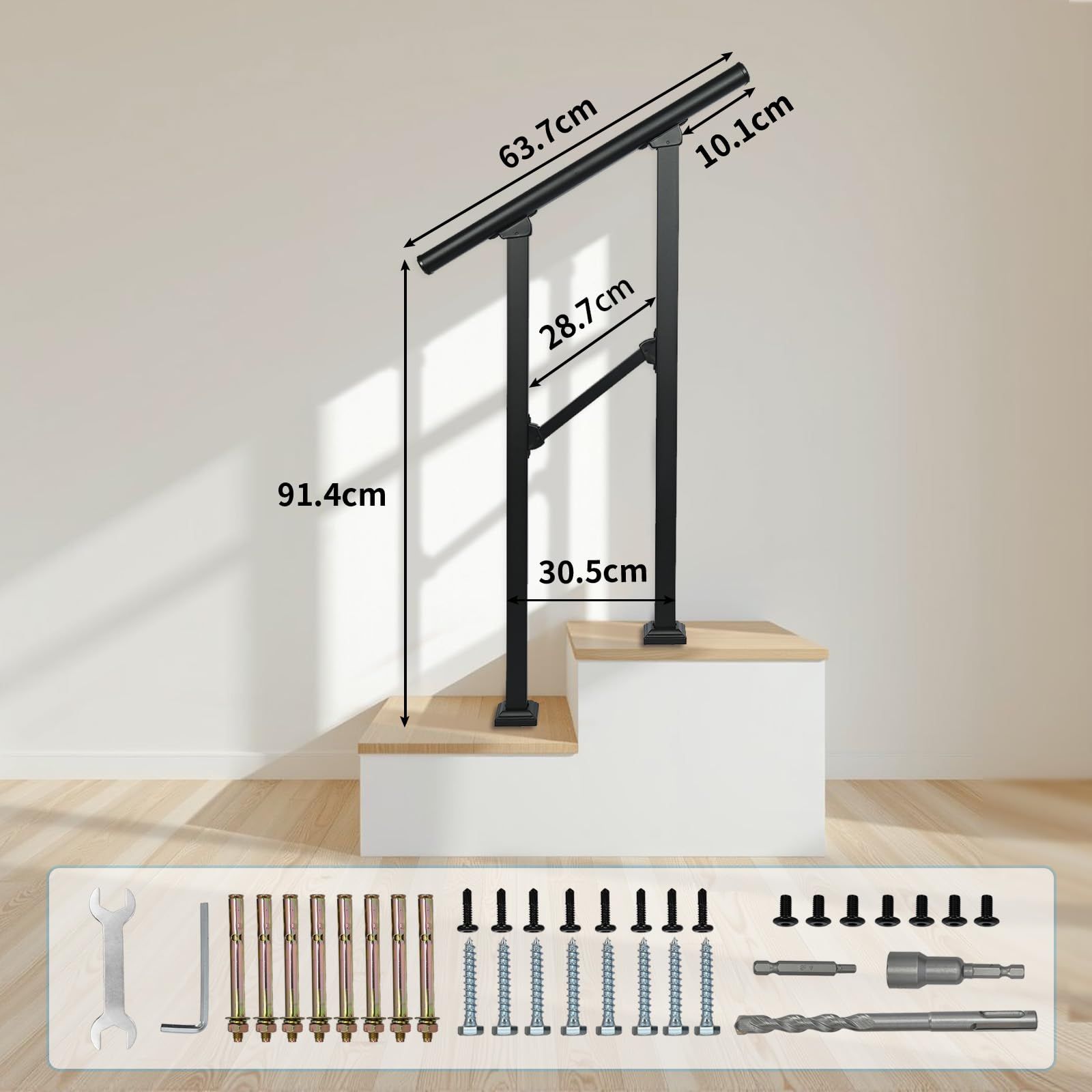 awliye 手すり 屋外 階段 玄関 おしゃれ 2ステップ 長さ63.7 91.4 cm 荷重 180 kg ブラック高炭素鋼 30°角度調整 滑り止め 階段手摺りセット は高齢者 妊婦 子供 リハビリ患者用 日本語取付説明書付