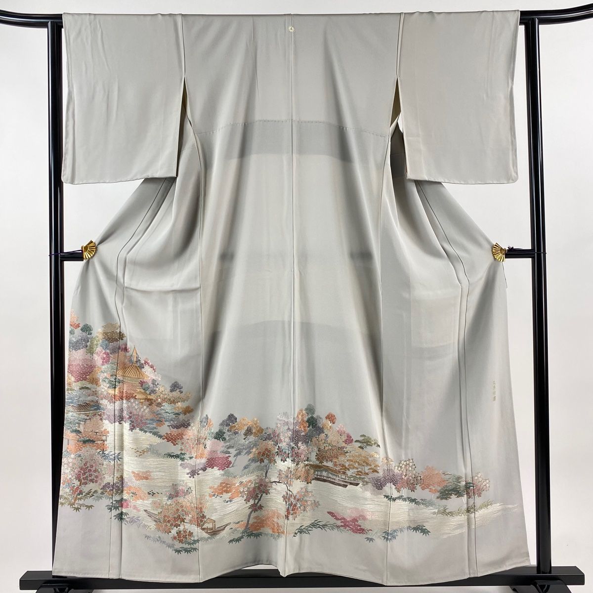 色留袖 身丈156.5cm 裄丈62.5cm S 袷 風景 建物 蘇州刺繍 金糸 灰色 正絹 名品 一つ紋
