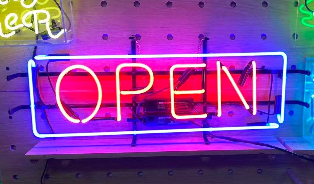 オーダーメイド ネオンサイン OPEN レッド×ブルーフレーム ガラスライト