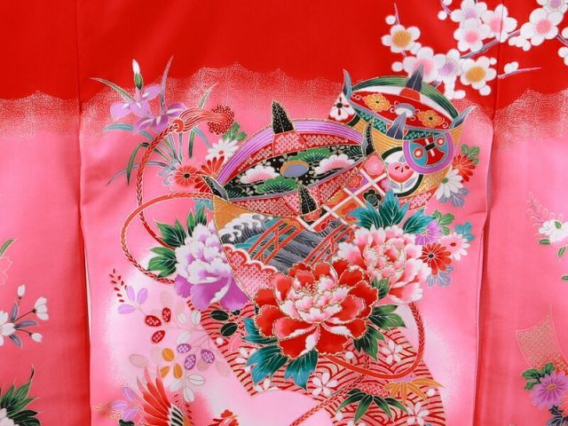 お宮参り 金刺繍入り 正絹 着物 長襦袢 セット 女児 女の子 子供 産着 祝着 赤色 un-255