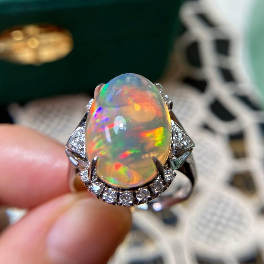 pt900 天然メキシコ産 ファイアオパール 8.69ct ダイヤモンド 0.34ct リング 指輪