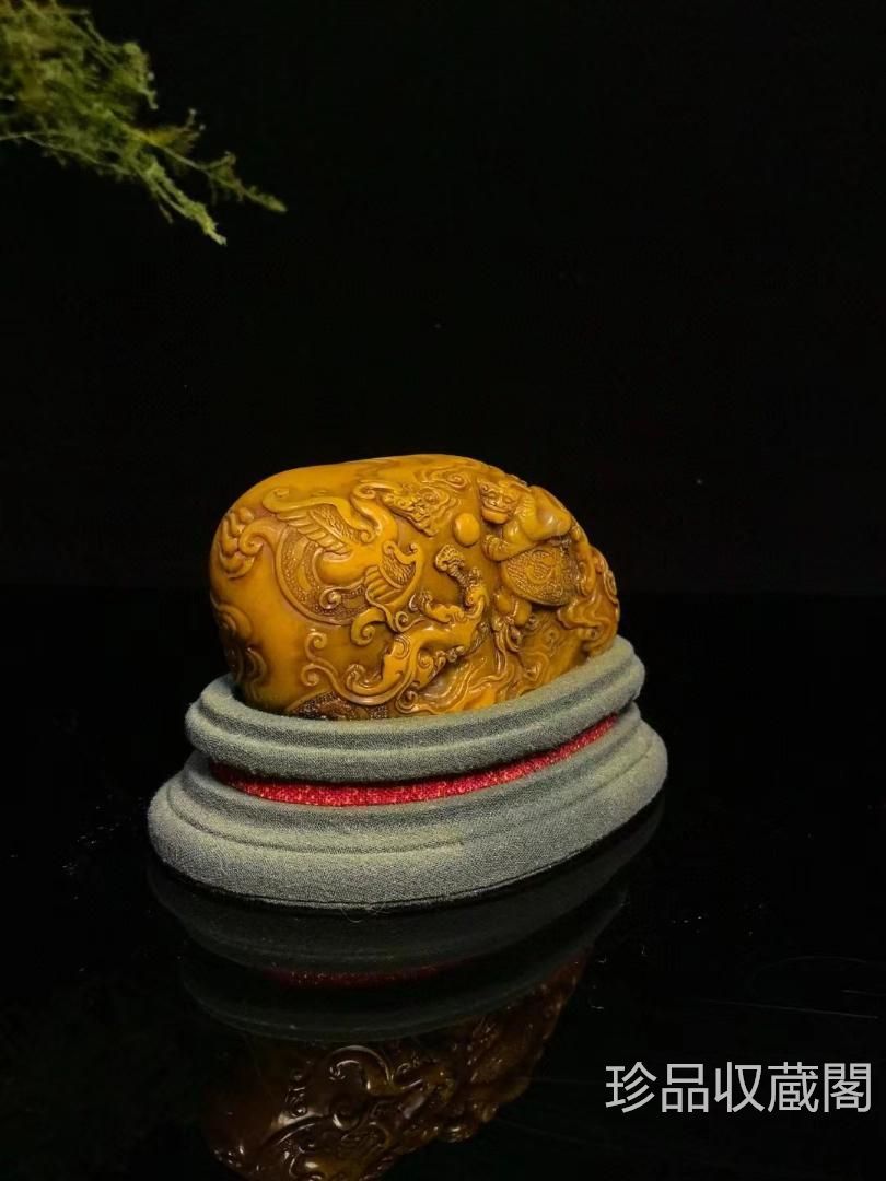 中国古美術・旧蔵寿山石瑞獣霊芝の印鑑・手彫り・田黄石・風水