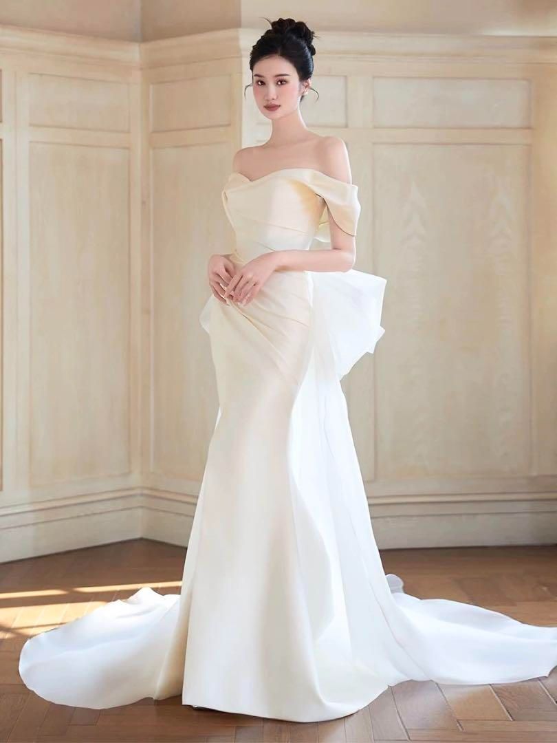 【涼やかフレンチスタイル】オフショルダーウェディングドレス　結婚式　前撮り ウェディングドレス 二次会 前撮り 挙式 花嫁 オフショルダー