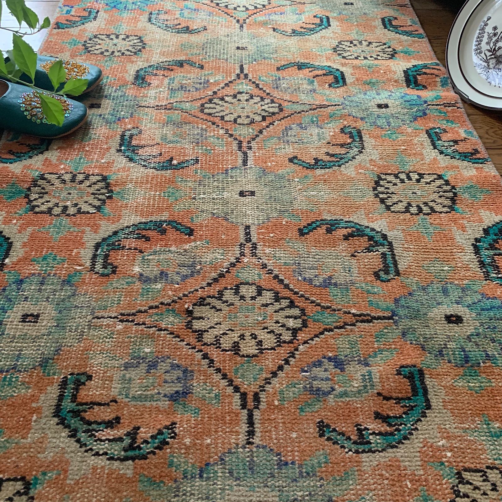 レアシャビーオレンジレトロボタニカル184×84 トルコヴィンテージラグ