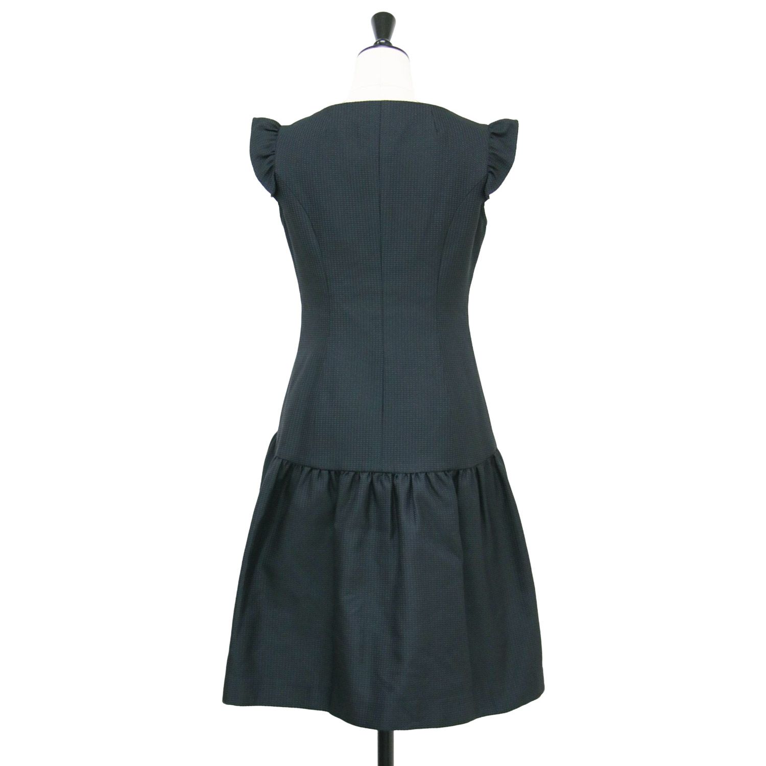 Rene ルネ ジャガード ワンピース ブラック系 黒 サイズ 34 XS フリルスリーブ ミニ ワンピース ラウンドネック ノースリーブ フロントジップ ギャザー トップス ドレス レディース