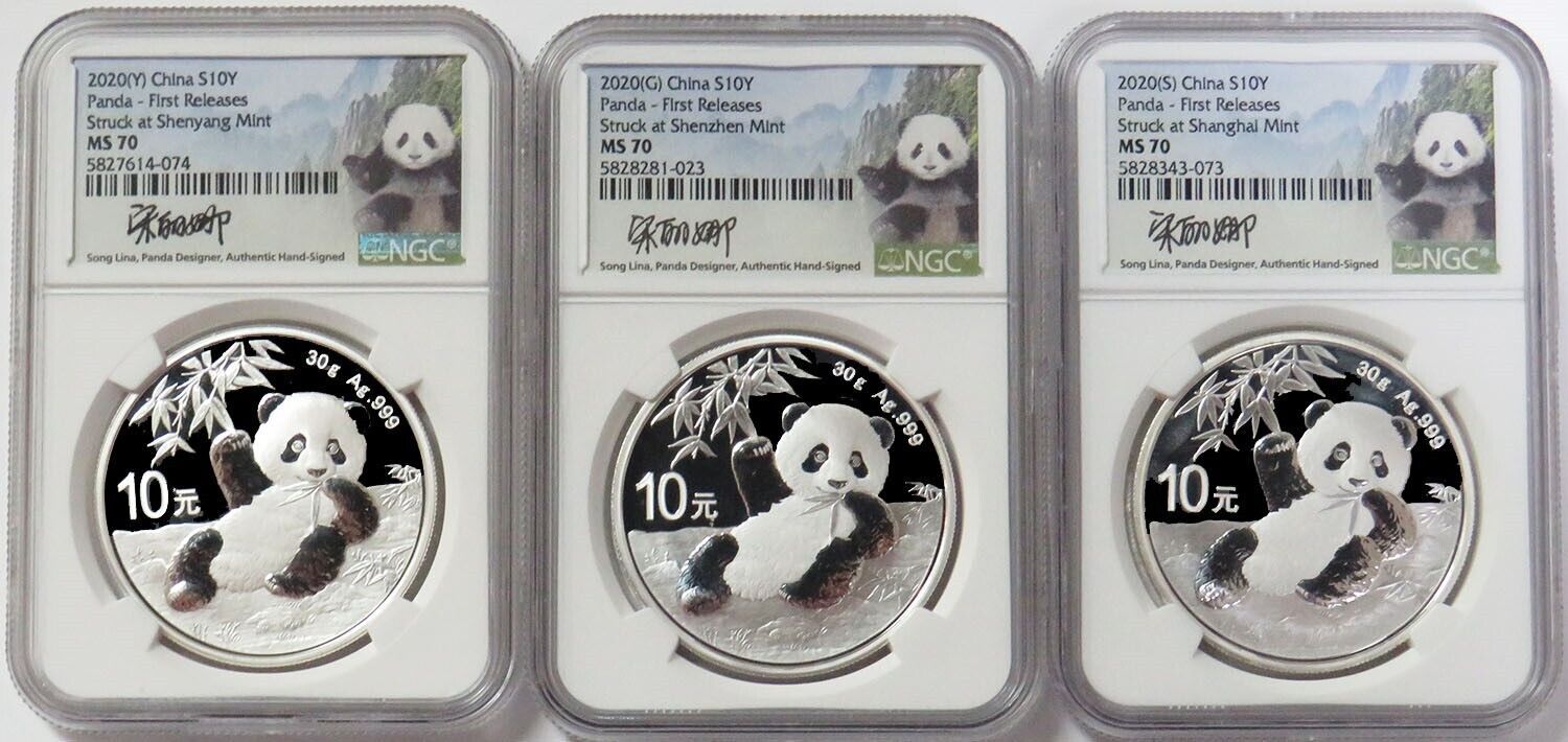 2020 S G Y SILVER CHINA 10 YUAN PANDA SONG LINANGC MS70 FIRST RELEASES SET