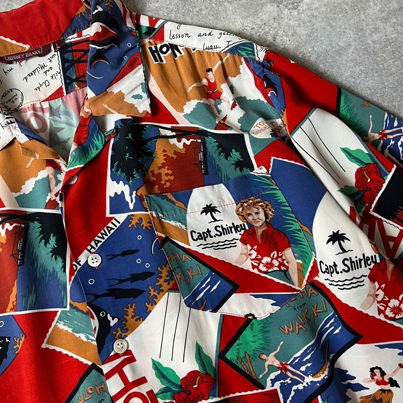 50s JEFFREY BANKS ポストカード 総柄 レーヨン オープンカラー 半袖