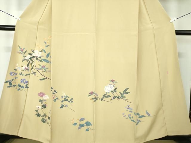 訪問着 身丈162cm 裄丈66cm M 袷 鶴見保次 落款 枝花 鳥 青灰色