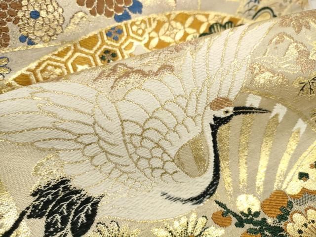 平和屋着物▽アンティーク 大正ロマン 丸帯 帯反物 唐織 扇面飛鶴花文