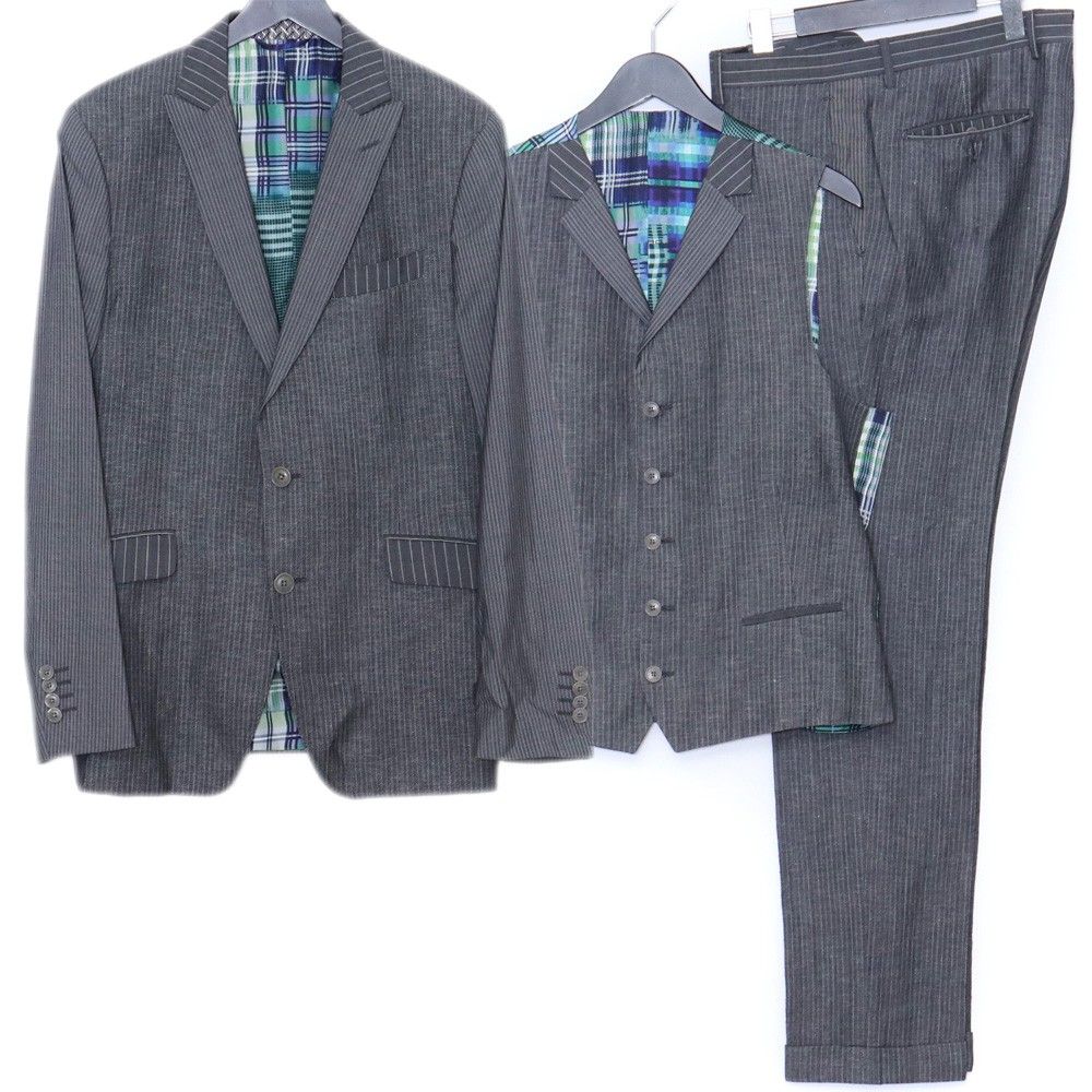 エトロ　スーツ　グレー系ストライプ ETRO 3ピース ストライプ スーツ Fサイズ アウトレット グレー 141