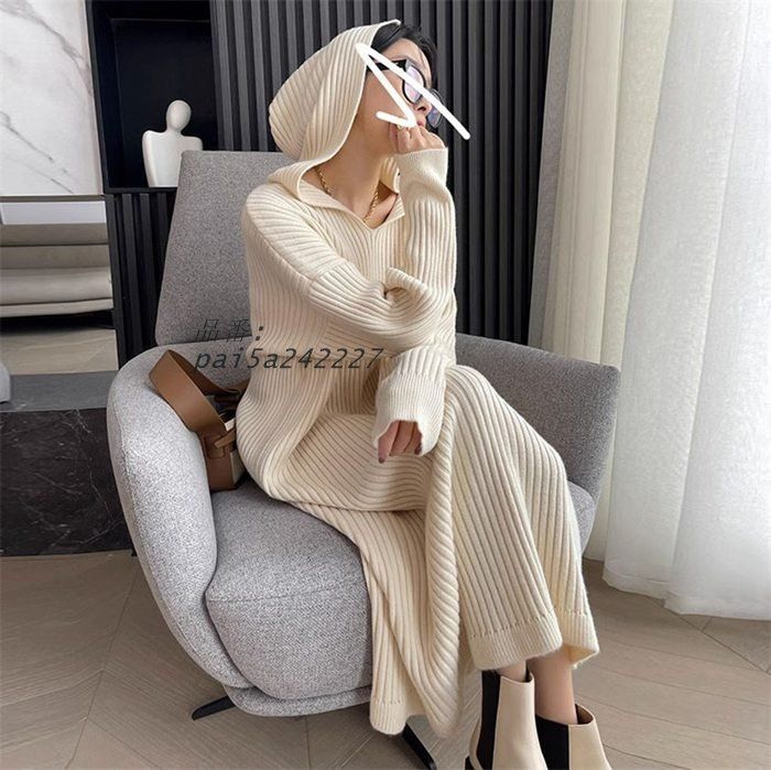 ワンピース ニットワンピース レディース 秋冬 無地 きれいめ Vネック ゆったり ロング丈 フード付き 長袖 ドロップショルダー シルエ pai5a242227