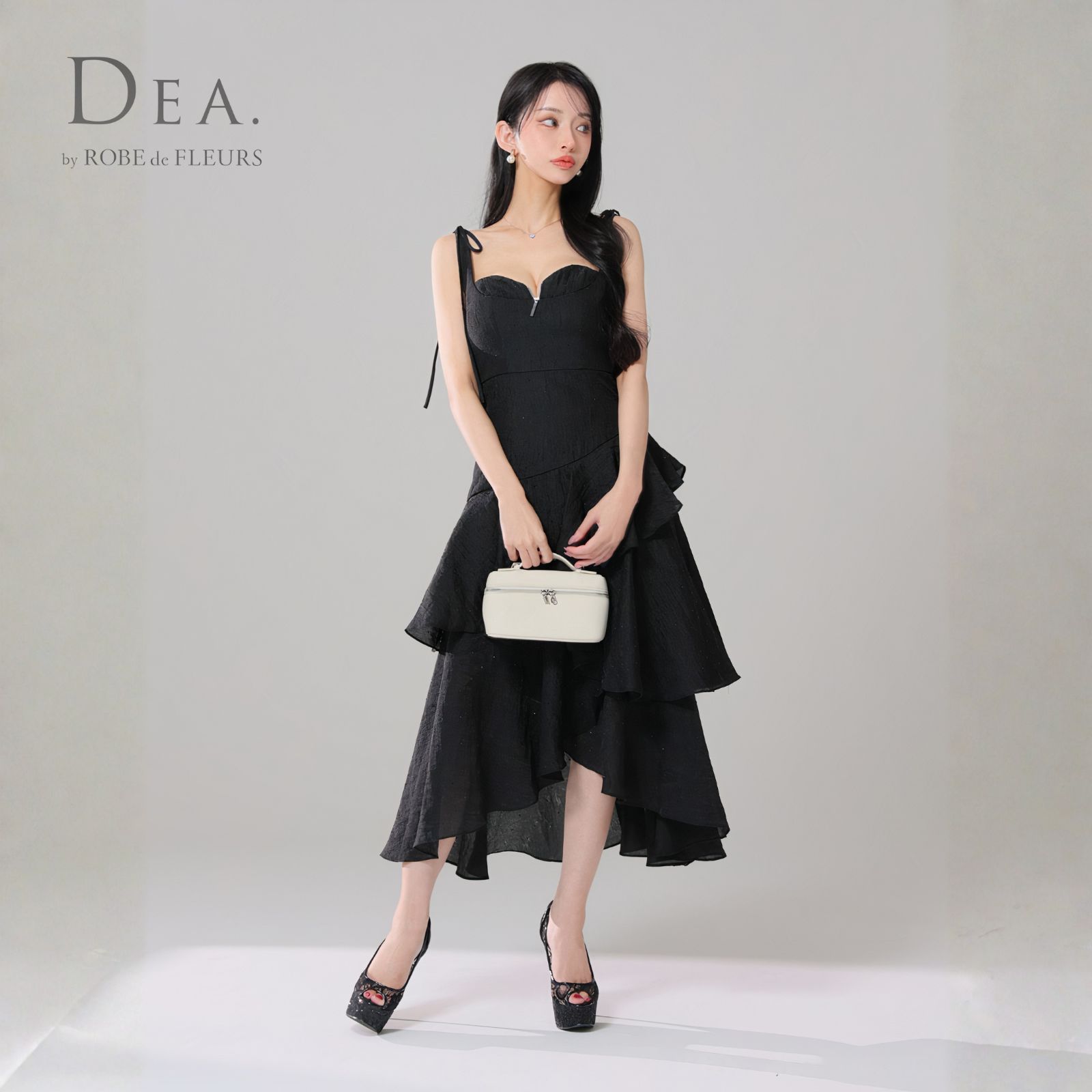 DEA. by ROBE de FLEURS ディアバイローブドフルール ミニドレス DE4304 ドットフリルティアードフ ロングキャバドレス Black