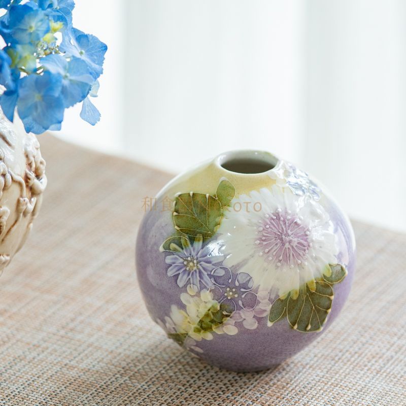 新品ゆずりは工房 ＊花かざり丸花入＊瀬戸焼手描き 花瓶 生け花