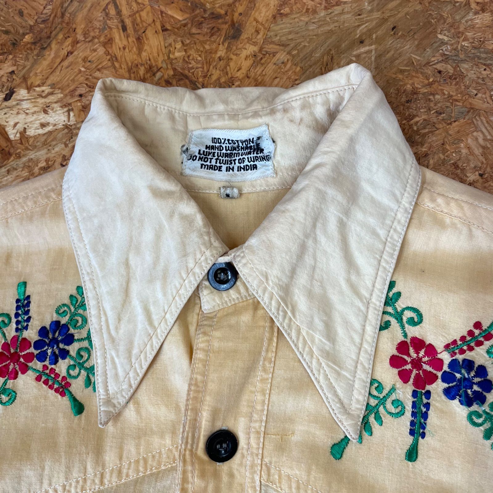 70sヴィンテージ 刺繍入りシャツ 長袖 メンズM 衿芯 ロングスリーブ