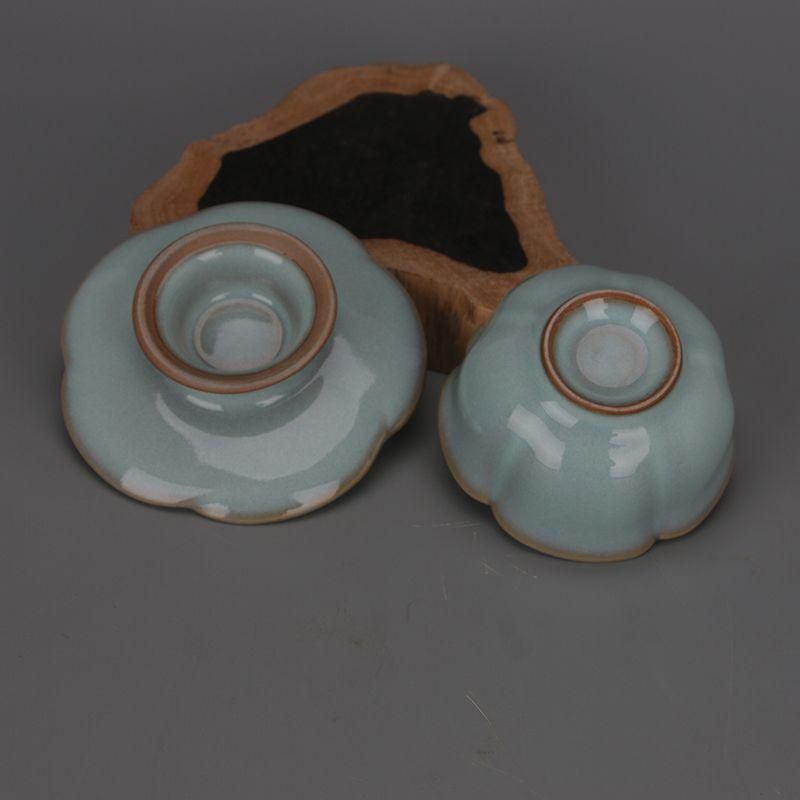 開片瓜稜蓮葉口梅花杯 茶器 香道具 装飾品 現代工芸品 美術品 宋汝窯天青釉開片瓜稜蓮の葉口杯茶碗 景徳鎮 陶磁器 装飾品 工芸