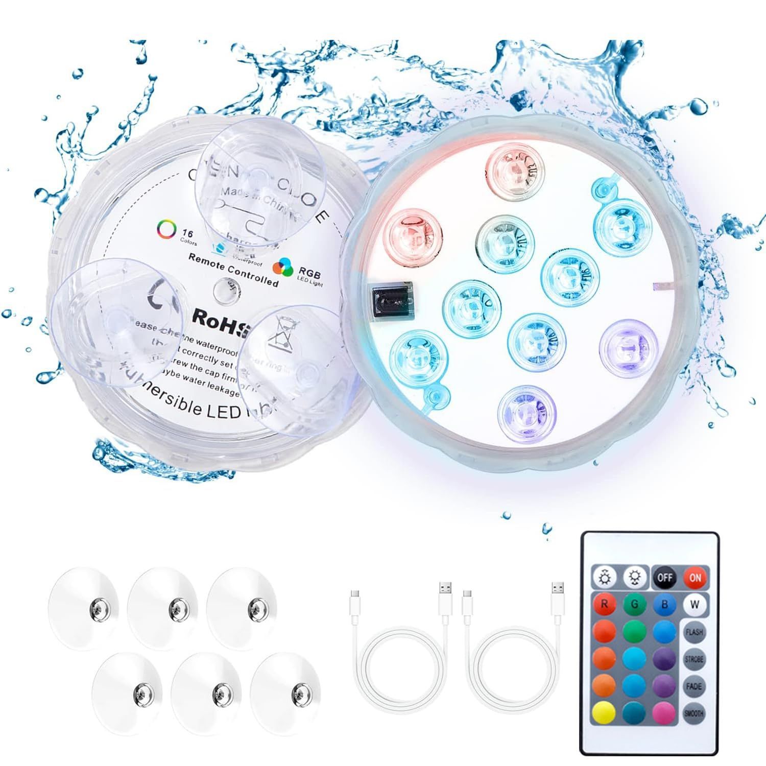 数量 強力吸盤 水中照明 USB充電式 お風呂 に切替 プール マルチ 金魚鉢 IP 68防水 水族館 リモコン付き 水槽 水に浮かぶライト 2ライト COOLEAD 1リモコン