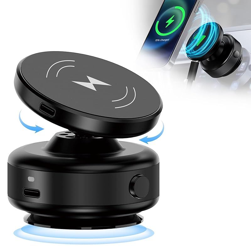 SEARISE スマホホルダー 真空吸着式 車 スマホスタンド 充電 車載スマホホルダー ワイヤレス充電 mag-safe対応 真空スマホホルダー 車 高級合金素材 マグネット 多角度自由調節 マグセーフ 車載 携帯ホルダー 車 スマホ車載ホルダー 携帯ス 1