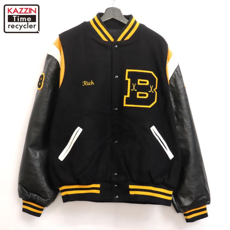 USA製 90s ヴィンテージ 古着 ウールレザースタジャン 企業者 2XL 黒 90s USA製 vintage Holloway ホロウェイ アームレザー ウール Holloway
