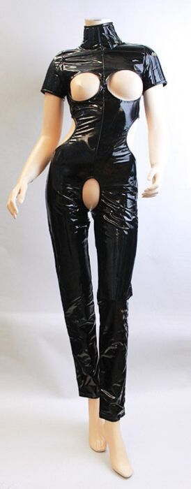 キャットスーツ レディース半袖 オープンバスト胸あき胸開き オープンクロッチ股あき股開き エナメル光沢PVC黒ブラック セクシー全身タイツ ファスナー ボンテージ女王様 過激エロ女装コスプレ衣装ハロウィン仮装小さいサイズSM Sサイズ 1