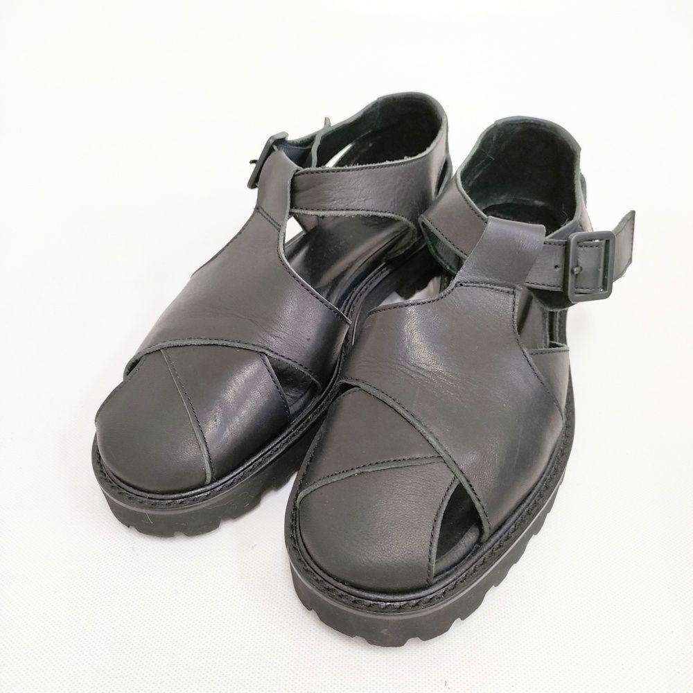 Y s SMOOTH LEATHER SANDALS SHOES レザーグルカサンダル サイズ2 YS-E06-711-2|2 サンダル ブラック レディース ワイズ|Yohji 5-0526S◎