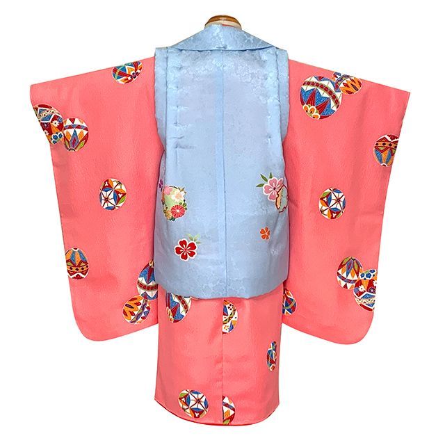 美品！七五三 着物 正絹の着物と被布コートのセット 七五三着物 3歳 女の子 正絹 被布コート 着物セット「水色xピンク