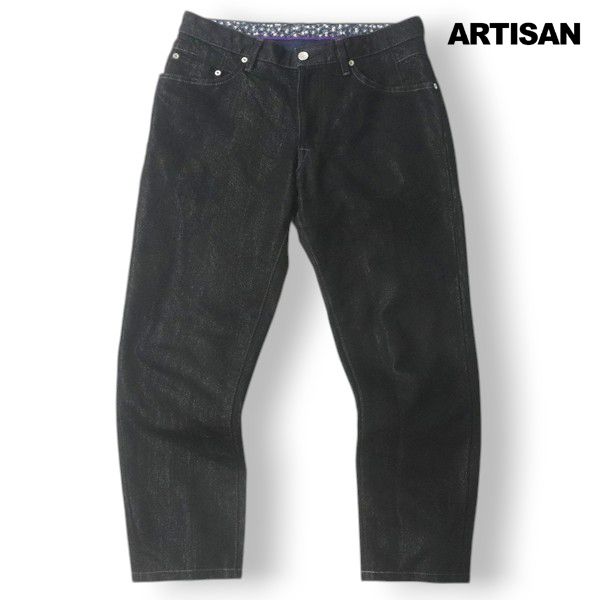 コムサ ARTISAN アルチザン 牛革パッチ ブラックデニム ローライズ スリムテーパードパンツ 黒 M ￥41 000-