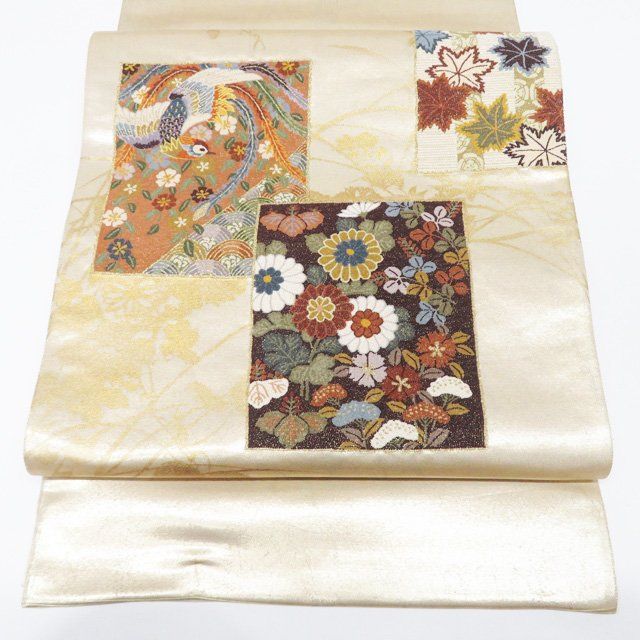 mp137 相良刺繍 正絹 太鼓柄 袋帯 花食い鳥 華紋 中国刺繍 仕立て上り 袋帯 中古 リサイクル 相良刺繍 中国三大刺繍 花の図 七宝 扇面