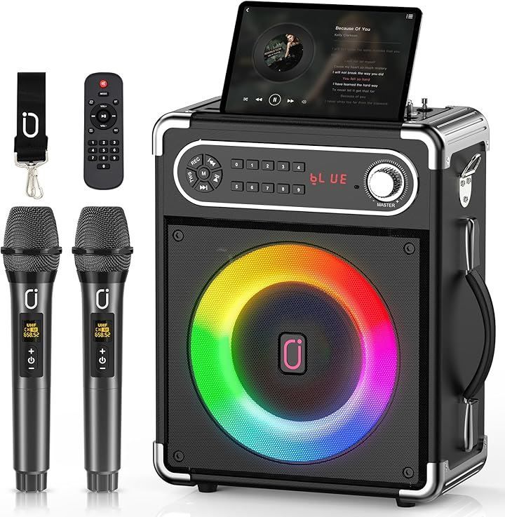 JYX 互換品スピーカーセット 拡声器 ワイヤレスマイク２本 Bluetooth 5.0対応 高低音強化機能搭載 黒
