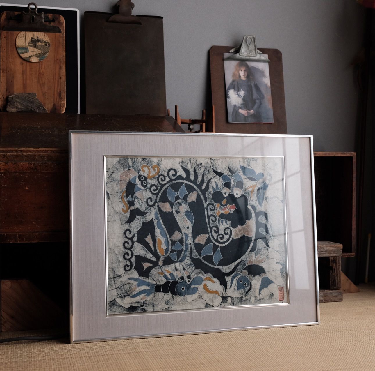 e1484 染色作家 皆川泰蔵 染色画 鶴 横額 額装 染布 絵画 日本