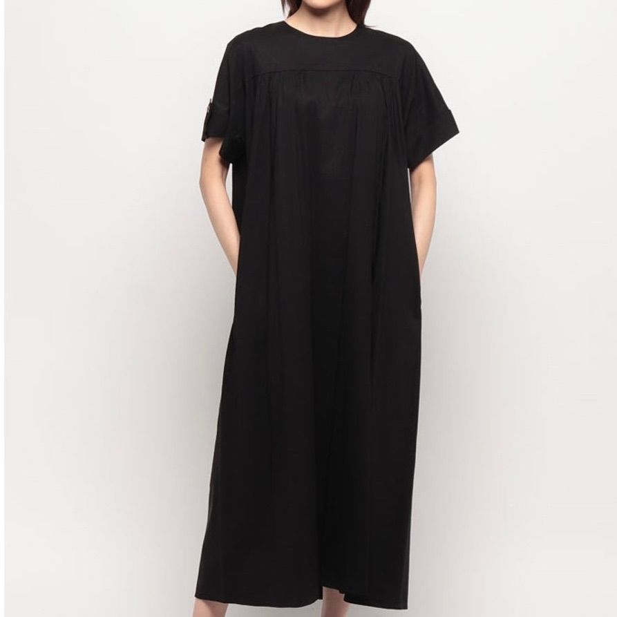 Theory luxe セオリーリュクス CRISP LINEN ESTELLE 麻混 無地 シンプル 半袖ワンピース ロングワンピース 黒 サイズ38 レディース 夏 ゴーゴー古着マルイ草加店839