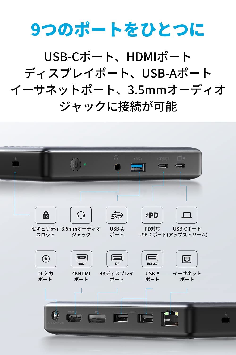 Anker PowerExpand 9-in-1 USB-C PD Dock ドッキングステーション 60W出力 20W USB Power Delivery 4K対応 HDMI ディスプレイAポート 1Gbps イーサネットポート 3.5mmオーディオジャッ