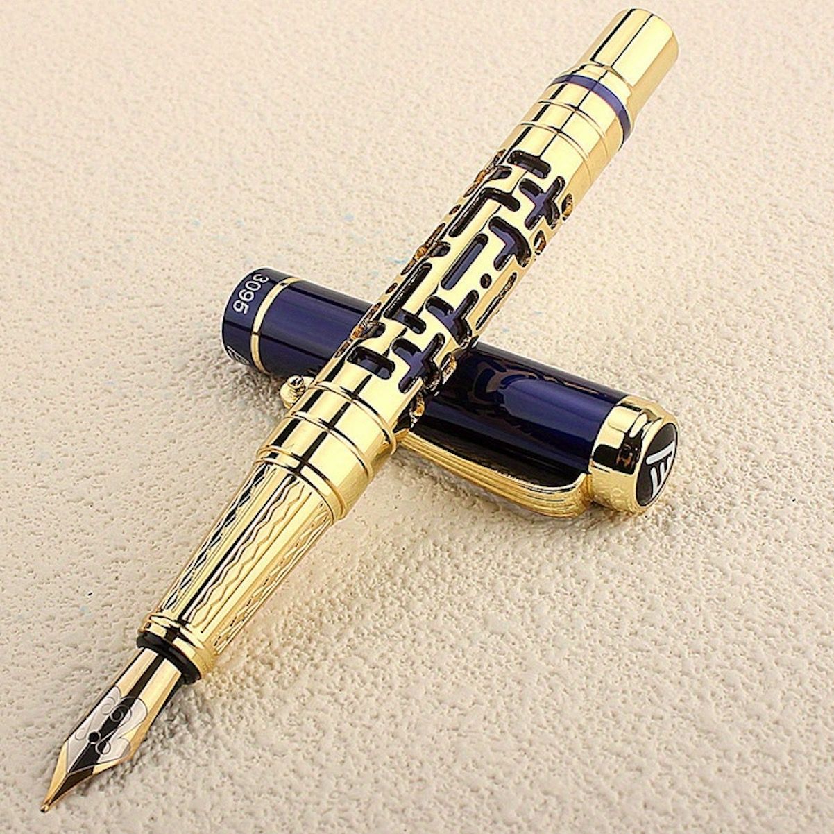 万年筆 おしゃれ ブルー ゴールド 金属 13.9cm 中字 シンプル 高級感