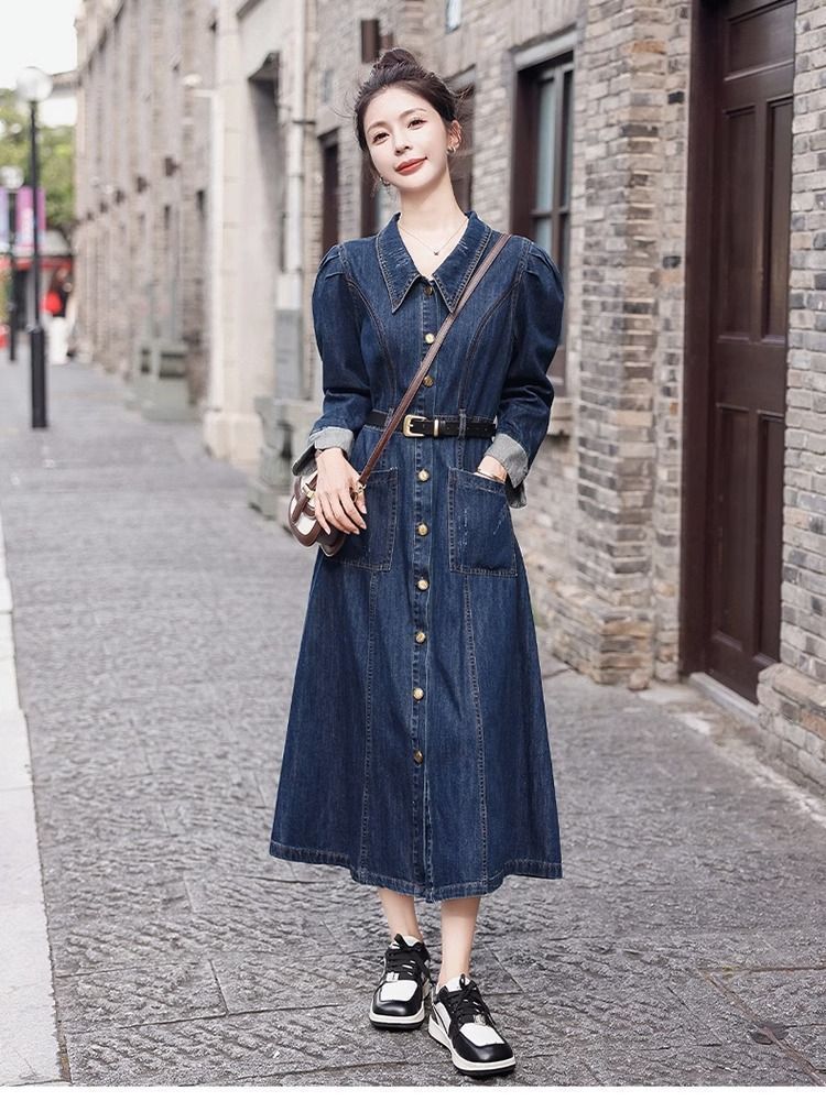  デニムワンピース 長袖 レデイース ワンピース デニム ロングワンピース ロング丈 Aライン ひざ下 お出かけ 春秋 秋冬 20代 30代 40代 上品 OL 通勤 通学 日常 着心地 体型カバー xkmilyx 109 DZ 20 エプロン キッズファッション小物