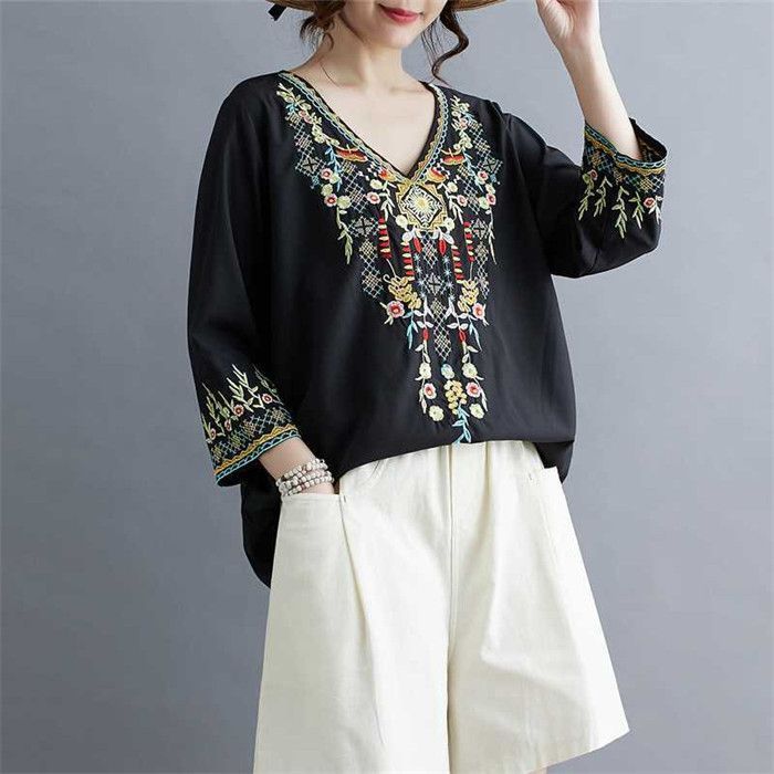 ブラウス七分袖シャツ花柄刺繍Ｔシャツ大きいサイズ レディース綿チュニックスエスニック風ナチュラル森ガール風エレガン上着 卒業式 レディース ブラウス 七分袖 シャツ 花柄刺繍 Tシャツ 綿