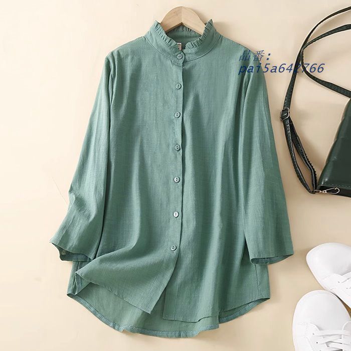 お取寄せ レディース ワイシャツ フリル襟 7分袖 薄地 夏 前開き チュニック ゆったり 無地 着心地良い カーディガン リネン ル 綿麻 春 pai5a642766