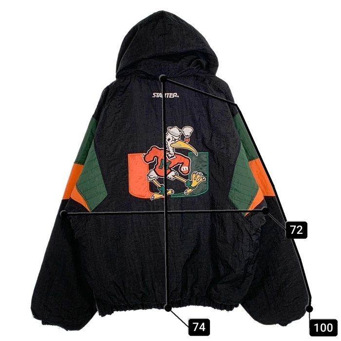 90's STARTER スターター マイアミハリケーンズ 大学 ナイロン プルオーバーパーカー 中綿 ブラック 韓国製 Size XL 90's STARTER スターター マイアミハリケーンズ 大学 ナイロン プル