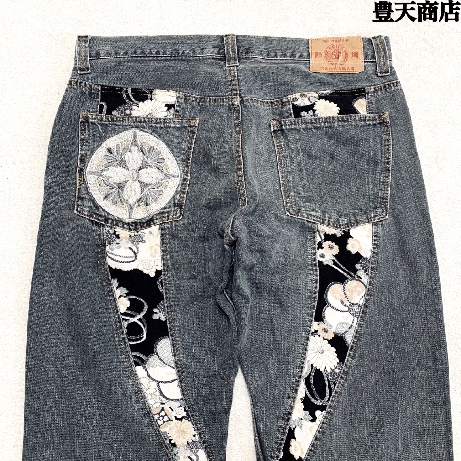 豊天商店 デニムパンツ ジーパン ジーンズ 和柄 花柄 家紋 刺繍 先染め 