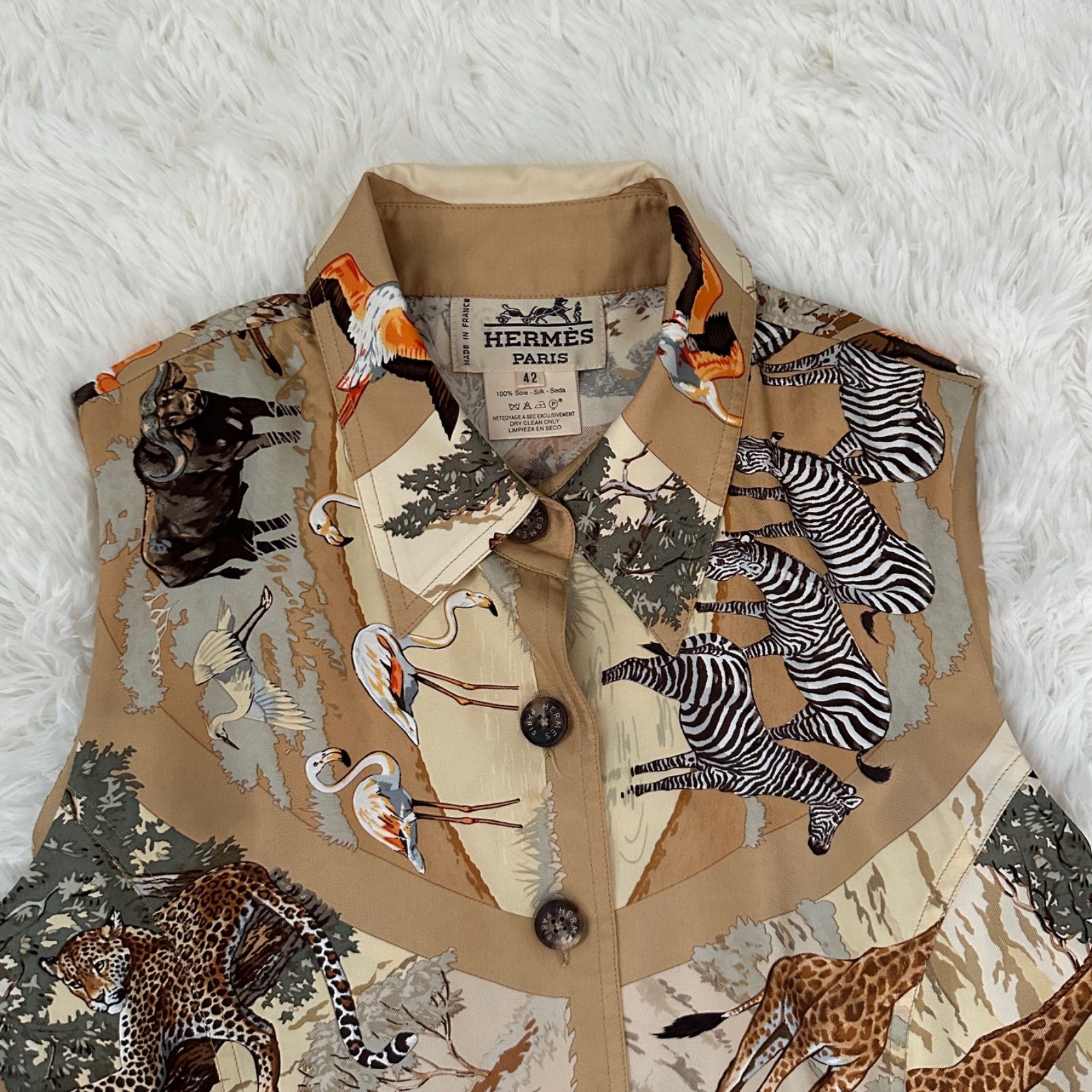 美品】42 HERMES エルメス LL ヴィンテージ サファリ ワンピース 動物 