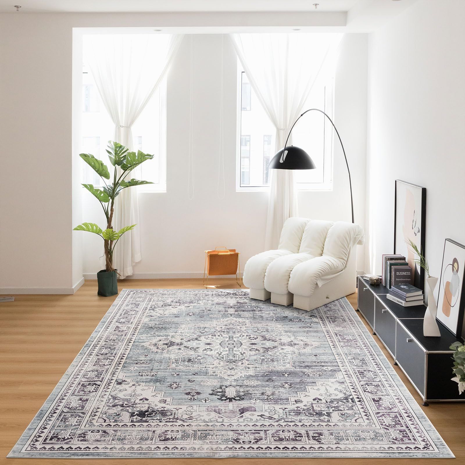 3畳 ペルシャ絨毯風 カーペット ラグ マット 200X250CM 洗える 花柄 オールシーズン DECOMALL 軽量 滑り止め 防ダニ 防臭 ブルー 床暖房対応