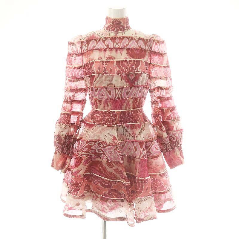 ジマーマン Zimmermann イカット柄リネンシルクハイネックワンピース 膝丈 長袖 0P ピンク |HK OS