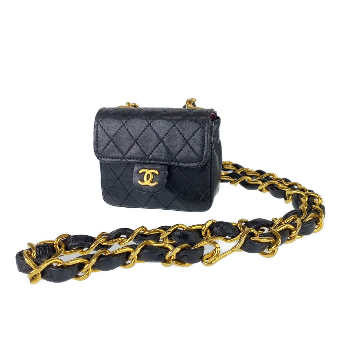 CHANEL シャネル ヴィンテージ ココマーク ミニミニ マトラッセ ラムスキン ブラック ゴールド金具 レザー / メタル チェーンベルト  ウエストバッグ ポーチ 【中古】 レディース 304166【中古】