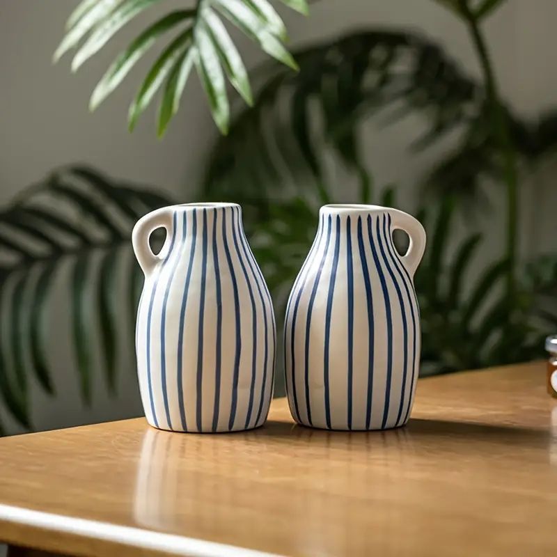ダークブラウン 陶器 花瓶 ストライプ模様 セラミック製ストライプフラワーベースヴィンテージ 手描き 陶器