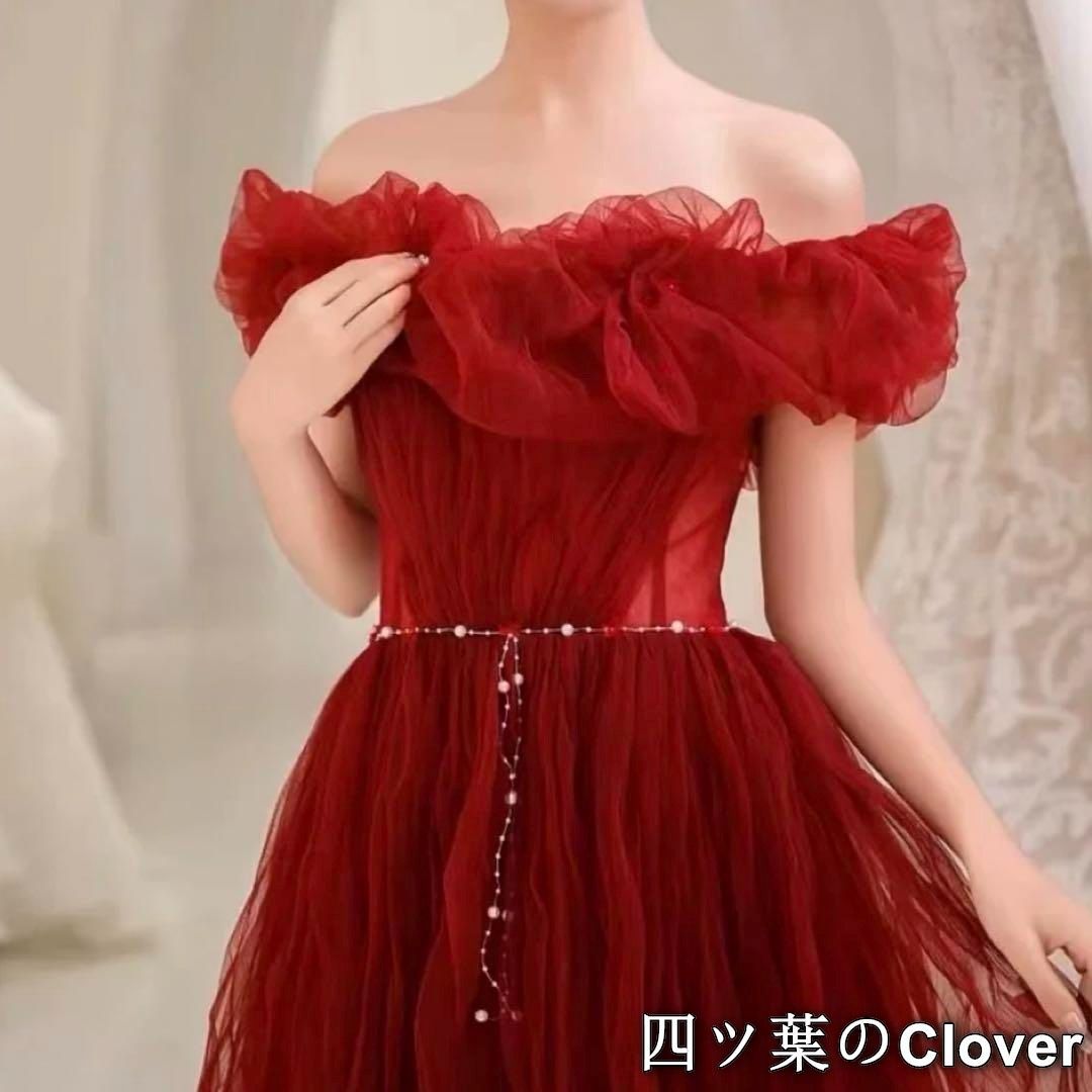 胸元のフリルにパールがオシャレなオフショル イブニングドレス パールがオシャレで可愛い フリル オフショルイブニングドレス