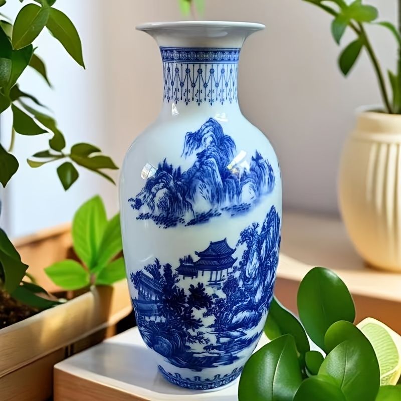 景徳鎮磁器 新中国風 青白磁風景花瓶 装飾品 リビングルーム玄関用