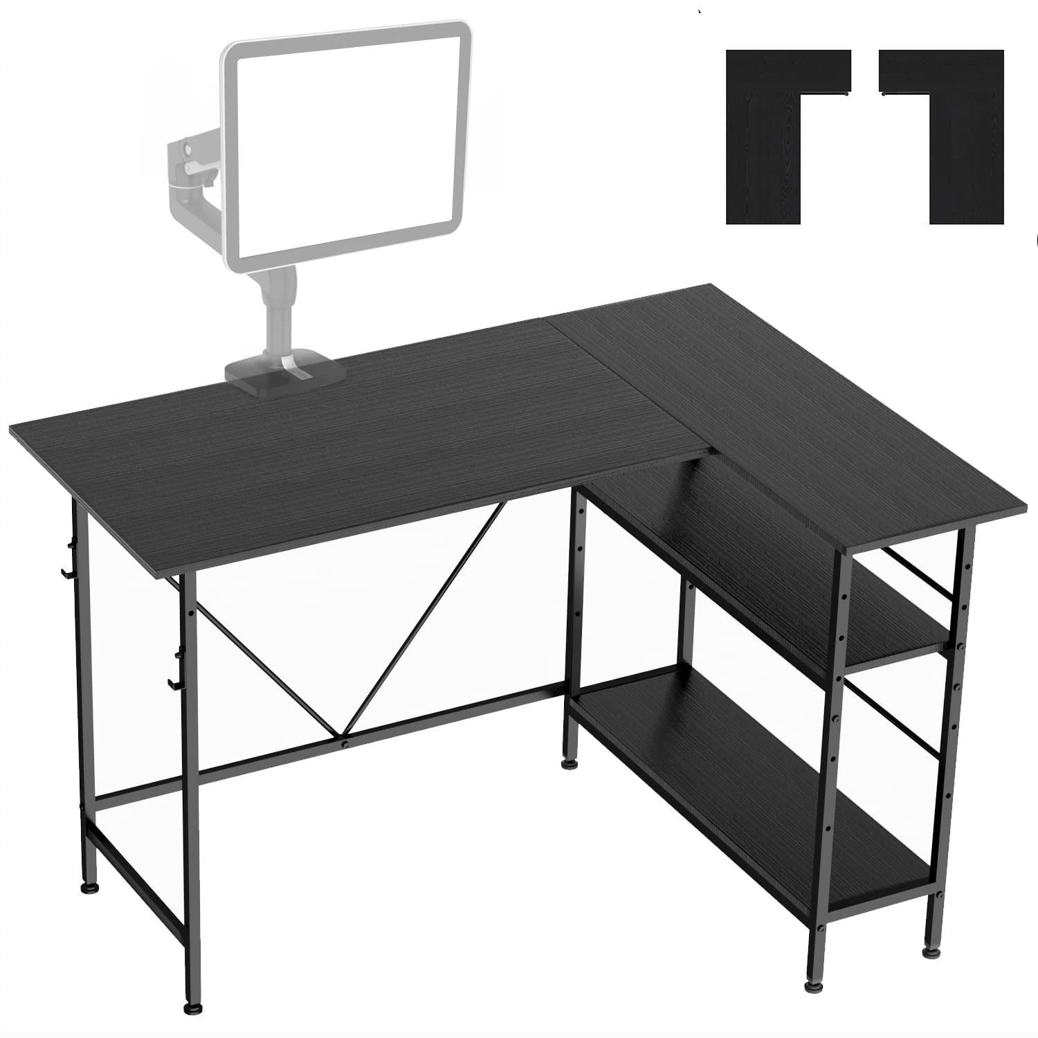 新着商品 ブラック 棚付デスク リモートワーク 勉強机 作業机 L字型 シンプル オフィスデスク ゲーミング 書斎 省スペース ワークデスク 棚板高さ5段可動 コーナーデスク 左右両替対応 pcデスク pcデスク 机 幅110cm パソコンデスク l字デ