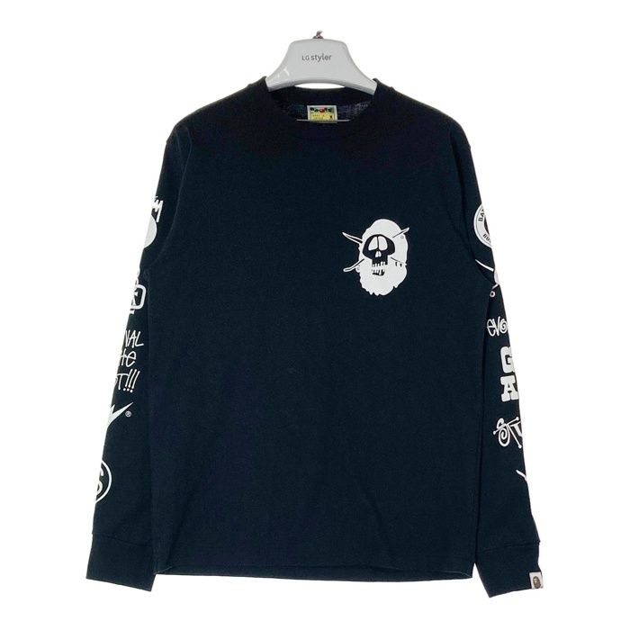 A BATHING APE アベイシングエイプ×STUSSY ステューシー 30周年記念 袖マルチアイコン 長袖Tシャツ ブラック sizeM