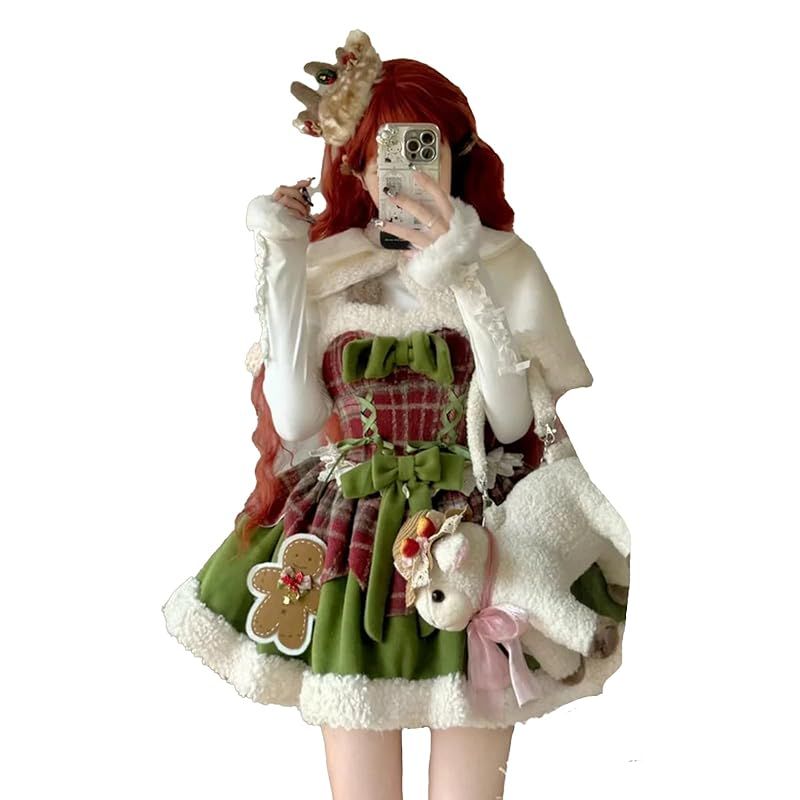 ＸＨＳＵＫＡＤＯ 3点セット サンダ レディース ワンピース コート トップス マント 吊りスカート リボン 地雷系 量産型 刺繍 セットアップ ガーリー系 ロリータ モコモコ コスプレ ゴスロリ 夢かわいい 厚手 女の子 少女 大人 春 秋 1