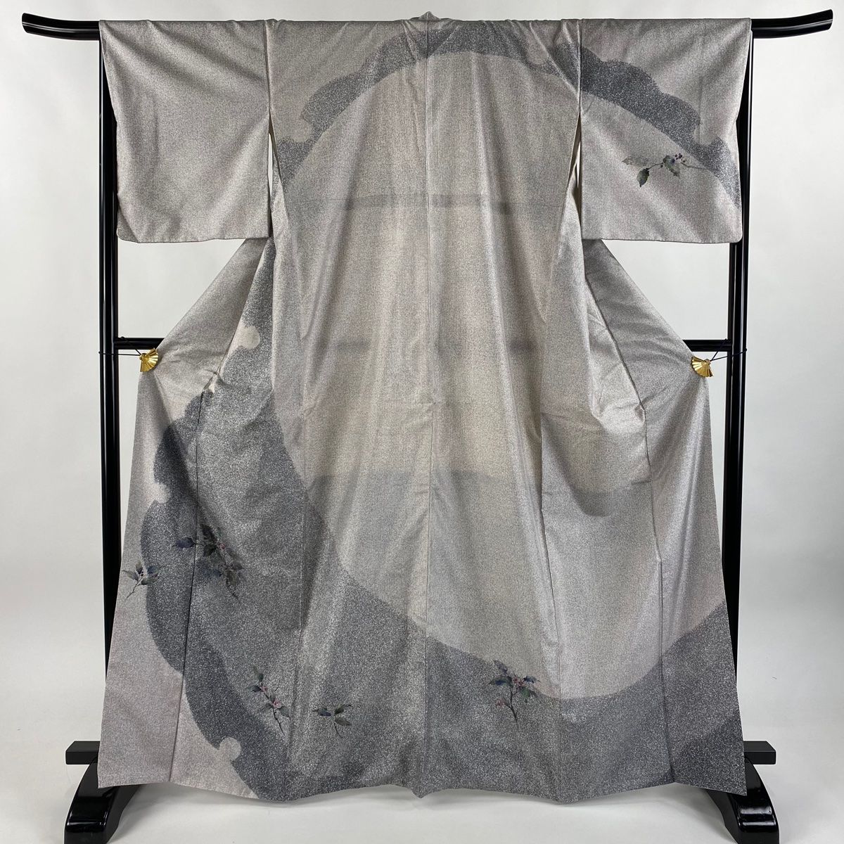 訪問着 身丈166cm 裄丈67cm L 袷 紬地 雪輪 葉と実 灰色 正絹 秀品